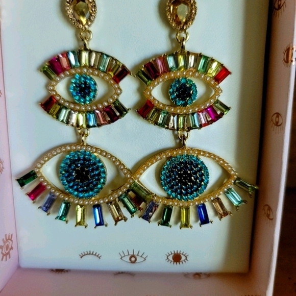 New C & C California Earrings Evil Eye Colored Jewel Rhinestone Dangle - Picture 6 of 6